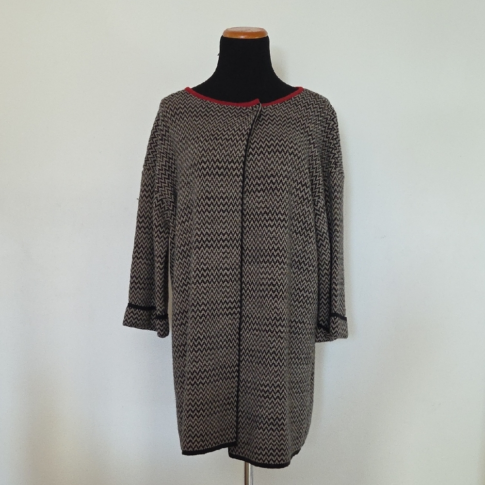 Cocogio Beige And Red Jacquard Knit Longline Geometric Pattern Cardigan Size M